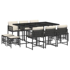 vidaXL 11 Piece Garden Dining Set with Cushions Black Poly Rattan