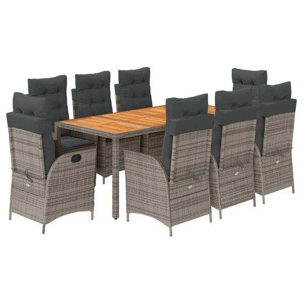 vidaXL 9 Piece Garden Dining Set with Cushions Grey Poly Rattan