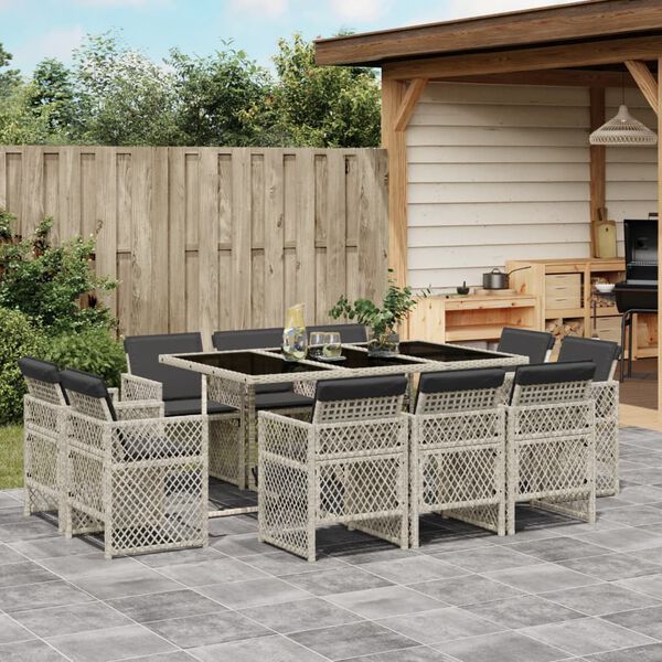 vidaXL 11 Piece Garden Dining Set with Cushions Light Grey Poly Rattan