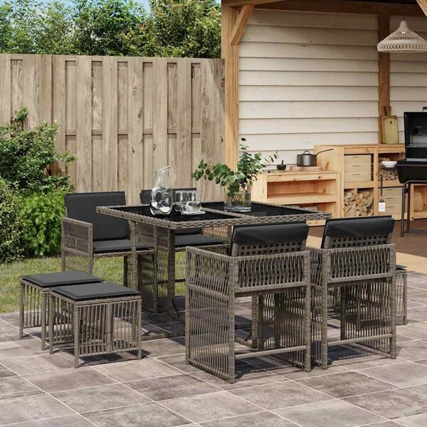 vidaXL 9 Piece Garden Dining Set with Cushions Grey Poly Rattan