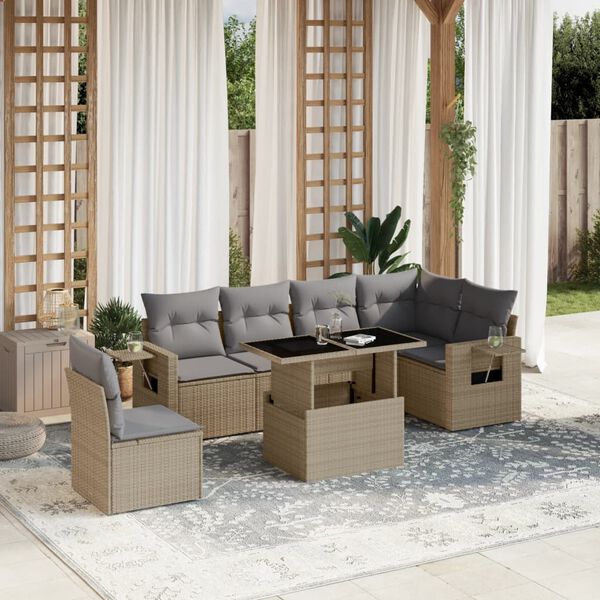 vidaXL 7 Piece Garden Sofa Set with Cushions Beige Poly Rattan