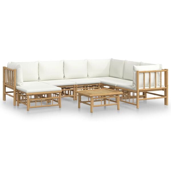vidaXL 8 Piece Garden Lounge Set with Cream White Cushions Bamboo