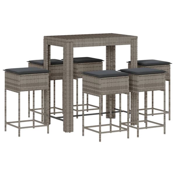 vidaXL 7 Piece Garden Bar Set with Cushions Grey Poly Rattan