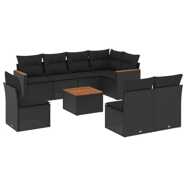 vidaXL 9 Piece Garden Sofa Set with Cushions Black Poly Rattan