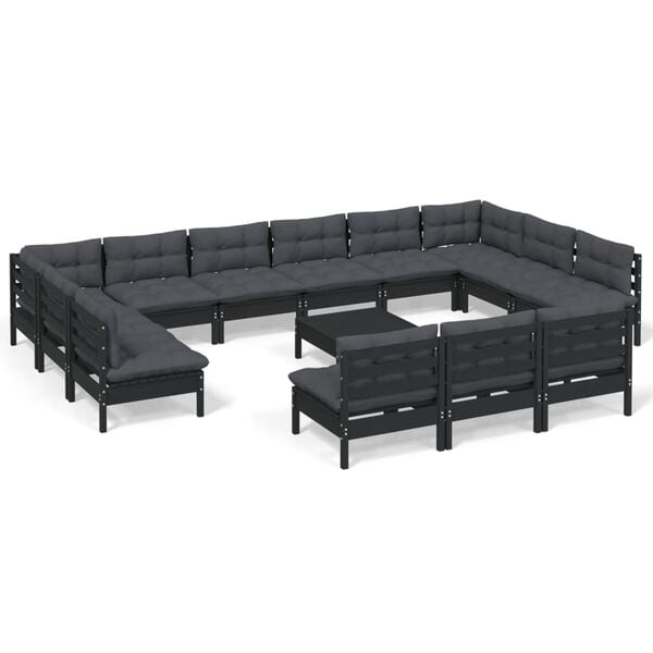 vidaXL 14 Piece Garden Lounge Set with Cushions Black Solid Pinewood