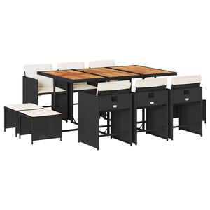 vidaXL 11 Piece Garden Dining Set with Cushions Black Poly Rattan