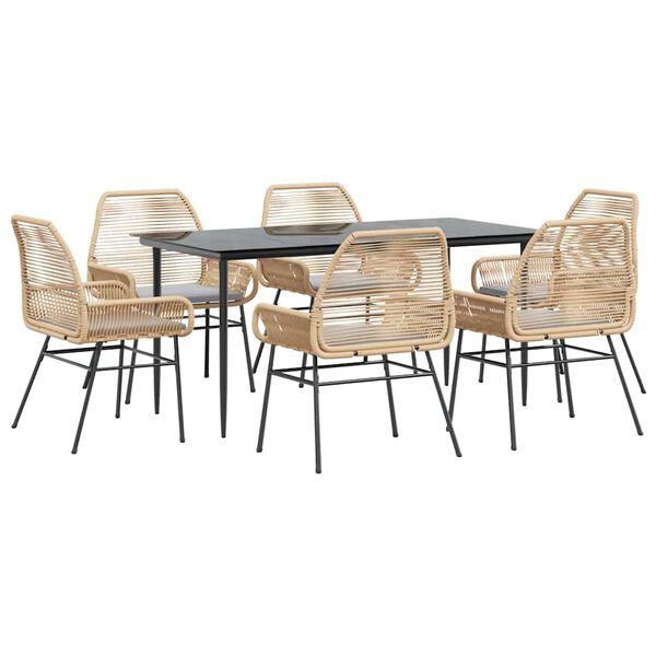 vidaXL 7 Piece Garden Dining Set with Cushions Brown Poly Rattan Glass