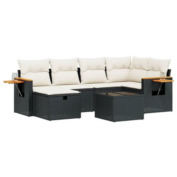 vidaXL 7 Piece Garden Sofa Set with Cushions Black Poly Rattan