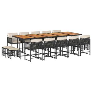 vidaXL 15 Piece Garden Dining Set with Cushions Black Poly Rattan