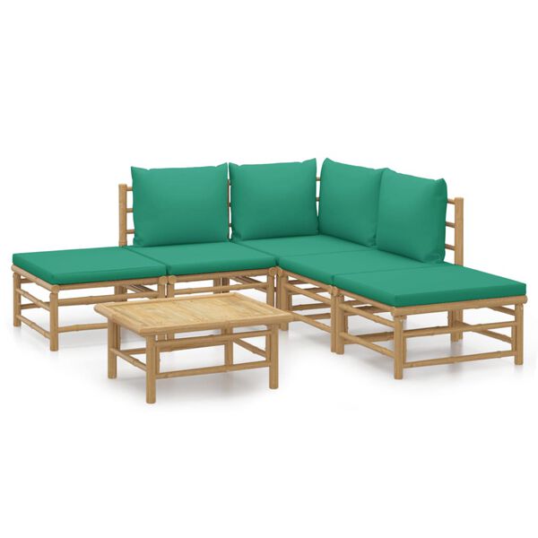 vidaXL 6 Piece Garden Lounge Set with Green Cushions Bamboo
