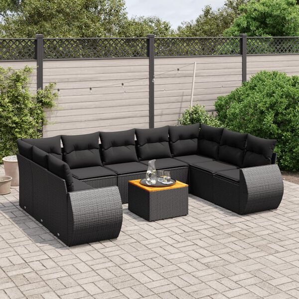 vidaXL 10 Piece Garden Sofa Set with Cushions Black Poly Rattan