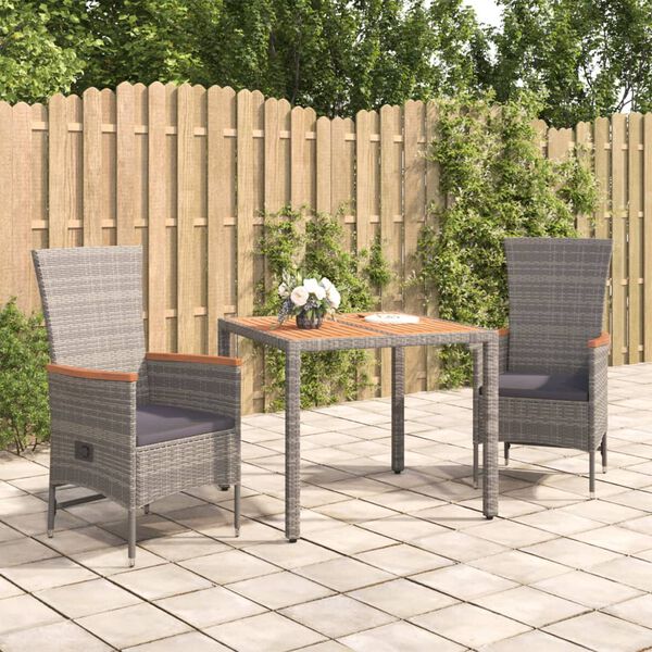 vidaXL 3 Piece Garden Dining Set with Cushions Grey Poly Rattan