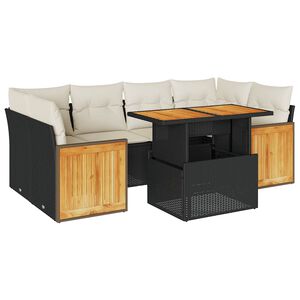 vidaXL 7 Piece Garden Sofa Set with Cushions Black Poly Rattan Acacia