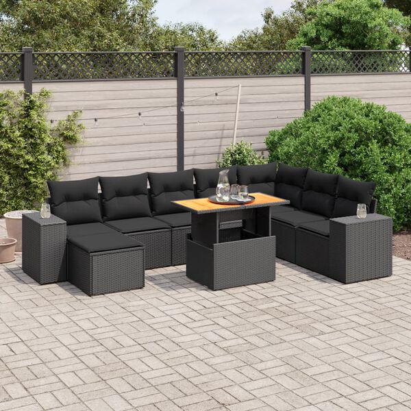vidaXL 9 Piece Garden Sofa Set with Cushions Black Poly Rattan