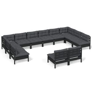 vidaXL 12 Piece Garden Lounge Set with Cushions Black Solid Pinewood