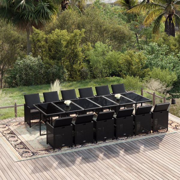 vidaXL 13 Piece Garden Dining Set with Cushions Poly Rattan Black