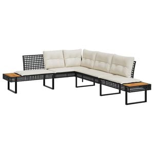 vidaXL Garden Sofa with Cushions L-shaped Black Poly Rattan and Acacia