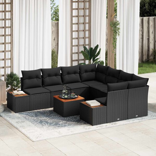 vidaXL Garden Sofa Set with Cushion 9 pcs Black Poly rattan