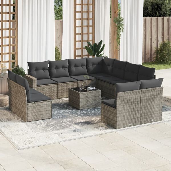 vidaXL 12 Piece Garden Sofa Set with Cushions Grey Poly Rattan