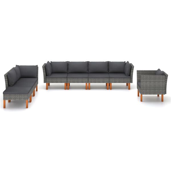 vidaXL 8 Piece Garden Lounge Set Poly Rattan and Eucalyptus Wood Grey
