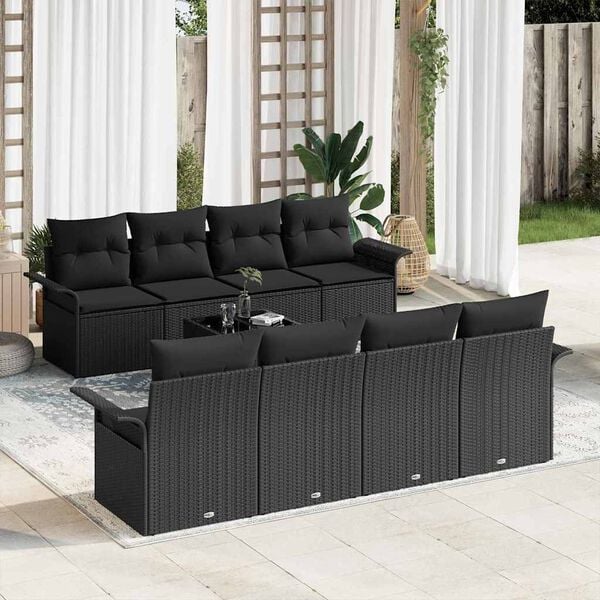 vidaXL Garden Sofa Set with Cushion 9 pcs Black Poly Rattan