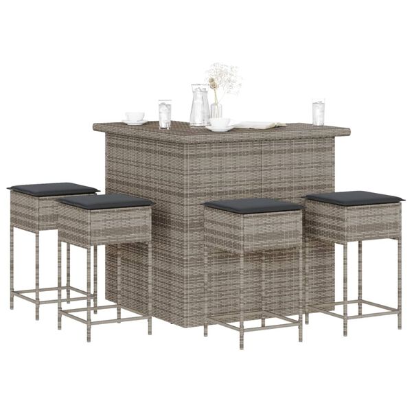 vidaXL 5 Piece Garden Bar Set with Cushions Grey Poly Rattan