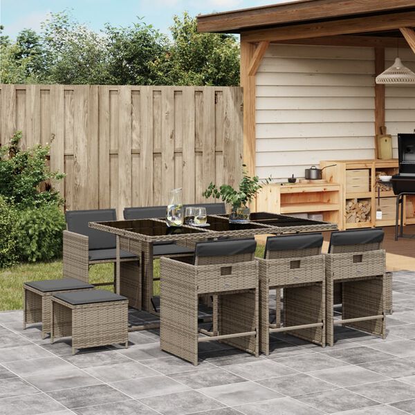 vidaXL 11 Piece Garden Dining Set with Cushions Grey Poly Rattan