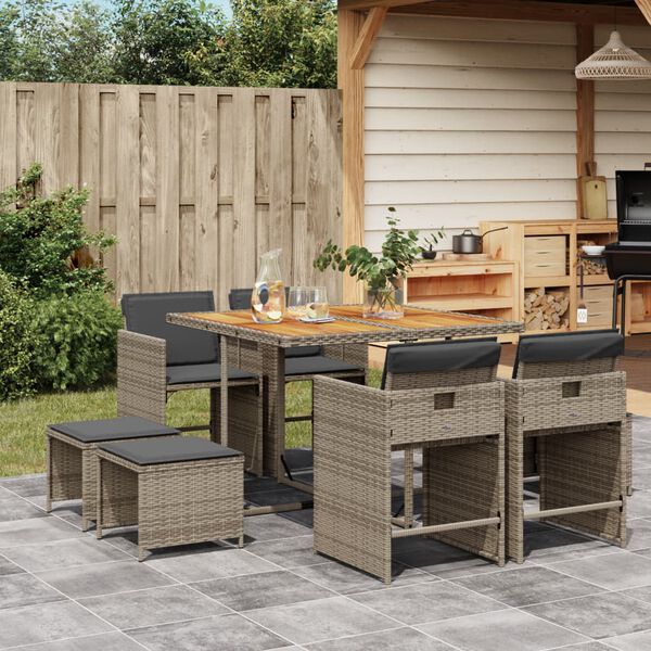 vidaXL 9 Piece Garden Dining Set with Cushions Grey Poly Rattan