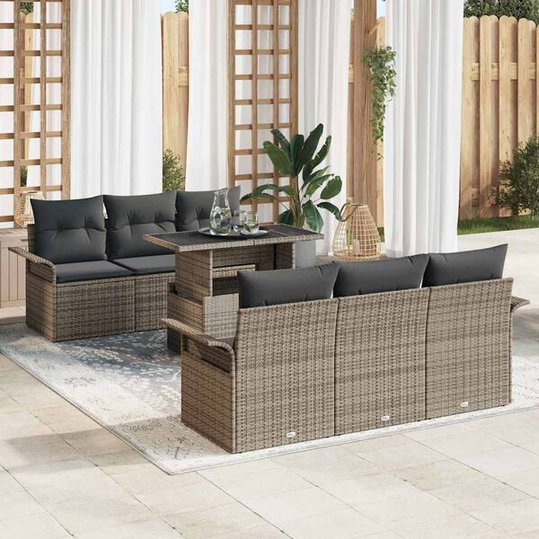 vidaXL Garden Sofa Set with Cushion 7 pcs Grey Poly Rattan