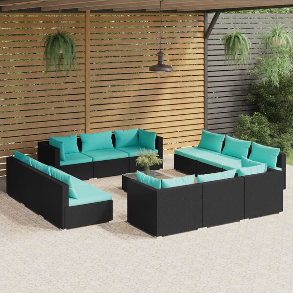 vidaXL 13 Piece Garden Lounge Set with Cushions Poly Rattan Black