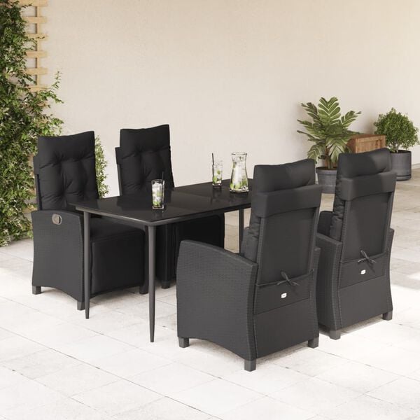 vidaXL 5 Piece Garden Dining Set with Cushions Black Poly Rattan