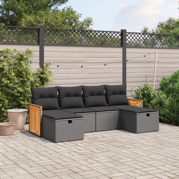 vidaXL 6 Piece Garden Sofa Set with Cushions Black Poly Rattan