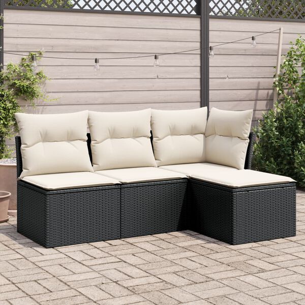 vidaXL 4 Piece Garden Sofa Set with Cushions Black Poly Rattan