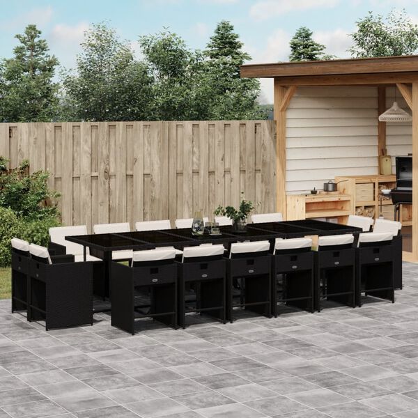 vidaXL 17 Piece Garden Dining Set with Cushions Black Poly Rattan