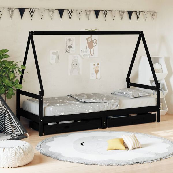vidaXL Kids Bed Frame with Drawers Black 90x190 cm Solid Wood Pine