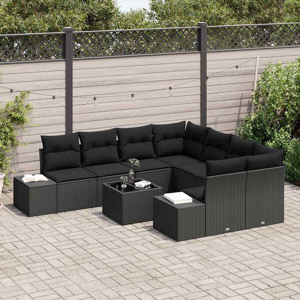 vidaXL Garden Sofa Set with Cushion 9 pcs Black Poly Rattan