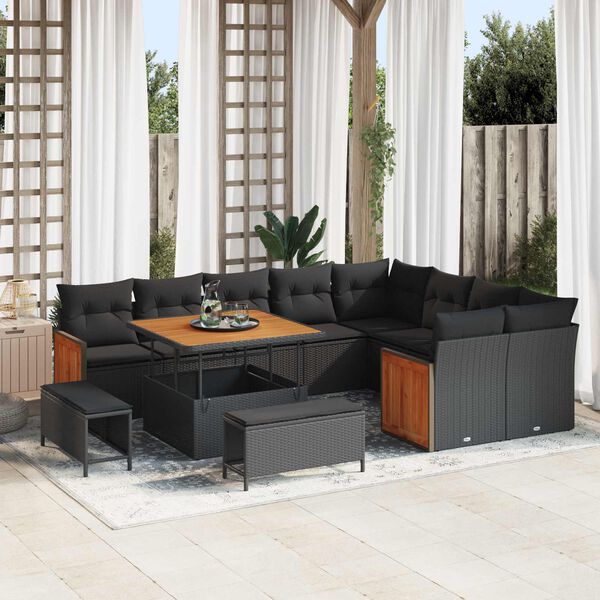 vidaXL Garden Sofa Set with Cushion 13 pcs Black Poly Rattan
