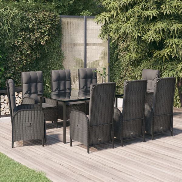 vidaXL 9 Piece Garden Dining Set with Cushions Black Poly Rattan