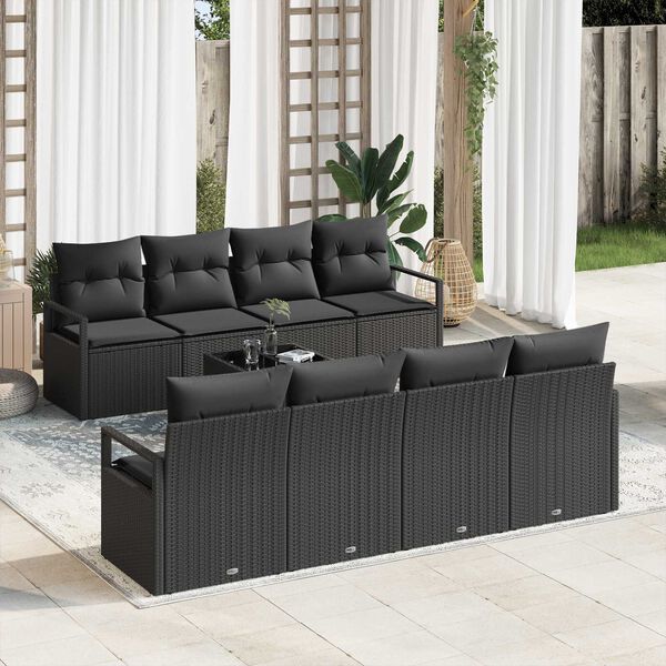 vidaXL Garden Sofa Set with Cushion 9 pcs Black Poly Rattan