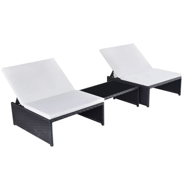 vidaXL Reclining Garden Chairs 2 pcs with Table Black Poly Rattan