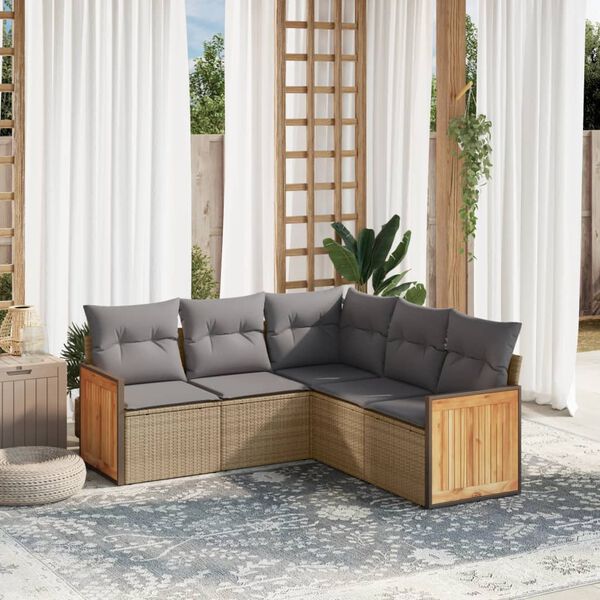vidaXL 5 Piece Garden Sofa Set with Cushions Beige Poly Rattan