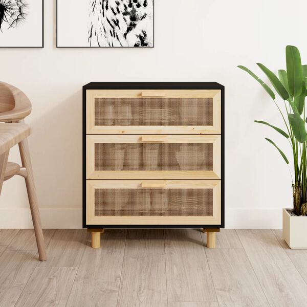 vidaXL Sideboard Black 60x30x70 cm Solid Wood Pine and Natural Rattan