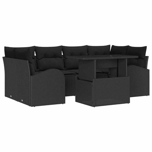 vidaXL Garden Sofa Set with Cushion 7 pcs Black Poly rattan