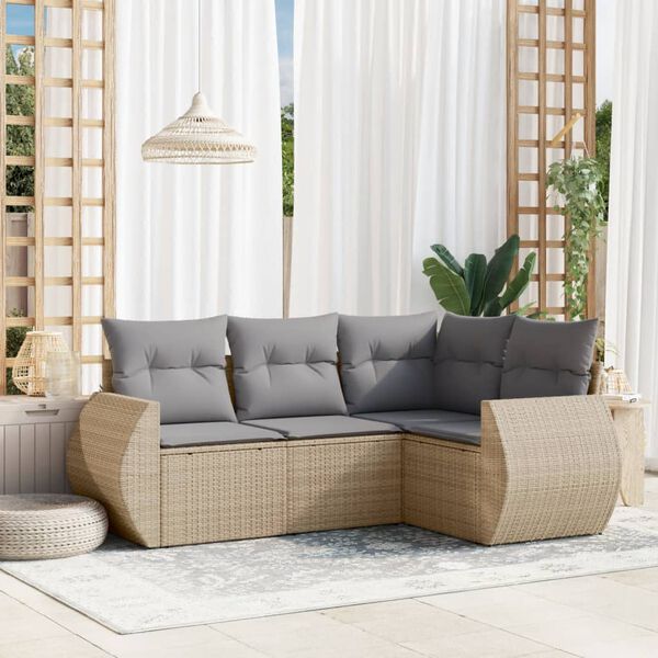 vidaXL 4 Piece Garden Sofa Set with Cushions Beige Poly Rattan