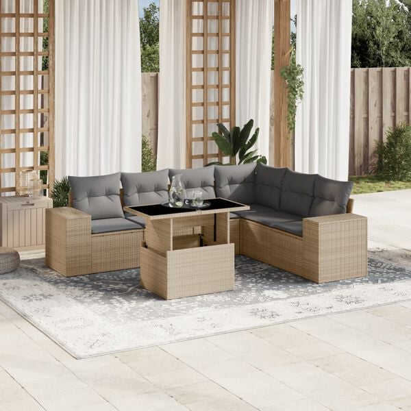 vidaXL 7 Piece Garden Sofa Set with Cushions Beige Poly Rattan