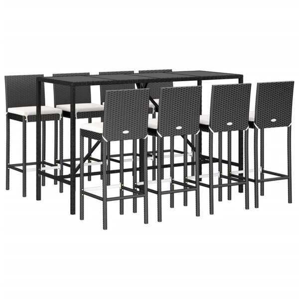 vidaXL 9 Piece Outdoor Bar Set with Cushions Black Poly Rattan