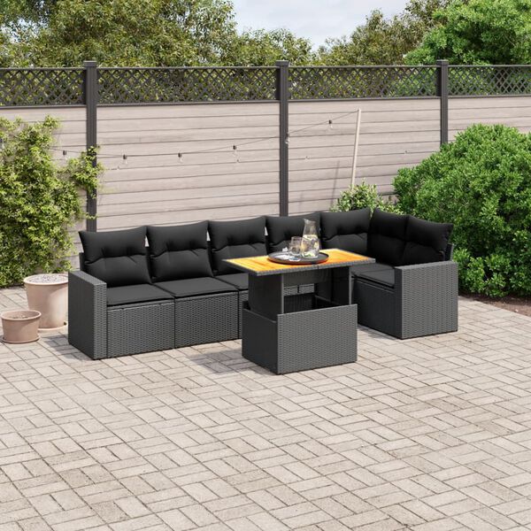 vidaXL 7 Piece Garden Sofa Set with Cushions Black Poly Rattan