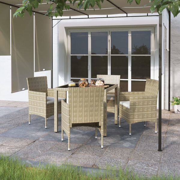 vidaXL 5 Piece Garden Dining Set Poly Rattan and Tempered Glass Beige