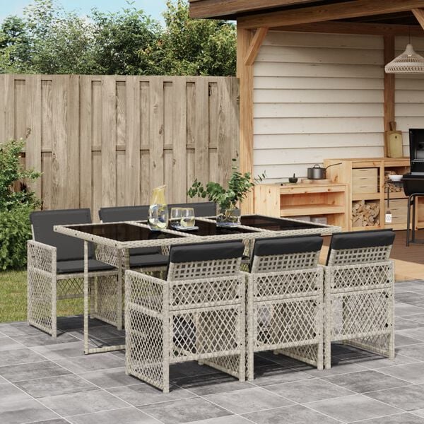 vidaXL 7 Piece Garden Dining Set with Cushions Light Grey Poly Rattan