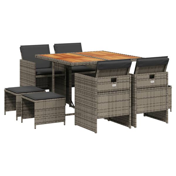vidaXL 9 Piece Garden Dining Set with Cushions Grey Poly Rattan
